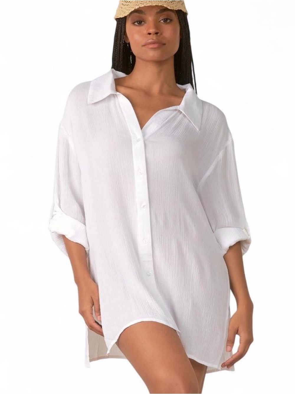 Elan Tunic Shirt Dress Sz L Lightweight White Button-Up Sheer Adj. Sleeves